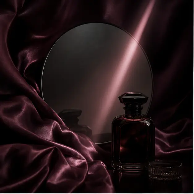 Satin noir cerise, miroir fumé et flacon sombre évoquant l’imaginaire